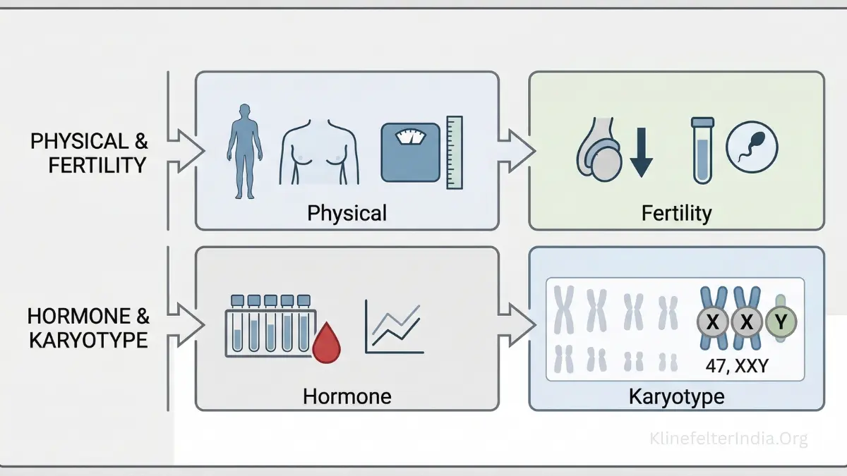 Diagram showing symptoms and diagnostic indicators of Klinefelter Syndrome including physical traits, fertility issues, hormone testing, and 47,XXY karyotype analysis.
