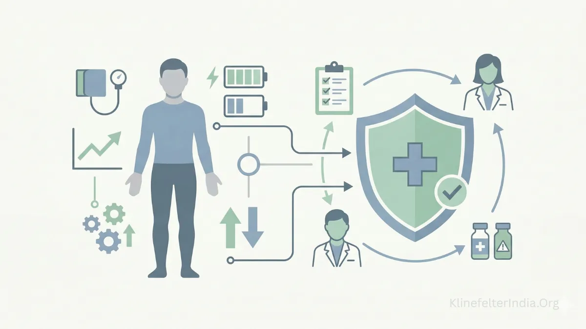 Illustration showing medical management and monitoring for Klinefelter Syndrome including health checks, hormone therapy, and doctor care.