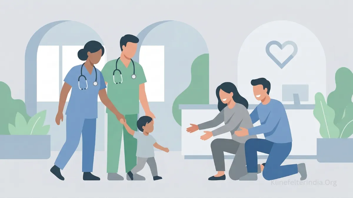 Illustration of a couple meeting a child with healthcare professionals, representing adoption as a family-building option.