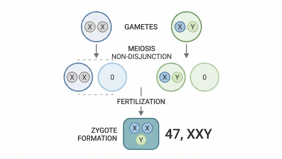 Diagram showing how the 47,XXY chromosomal pattern forms through meiotic non-disjunction during gamete formation and fertilization